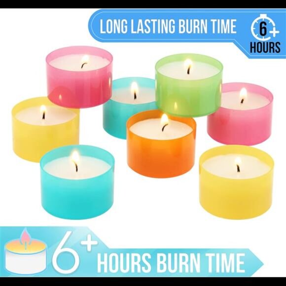 96 Pack Multicolor Unscented 6 to 7 Hour Long Burning Tea Light Candles - Picture 5 of 7